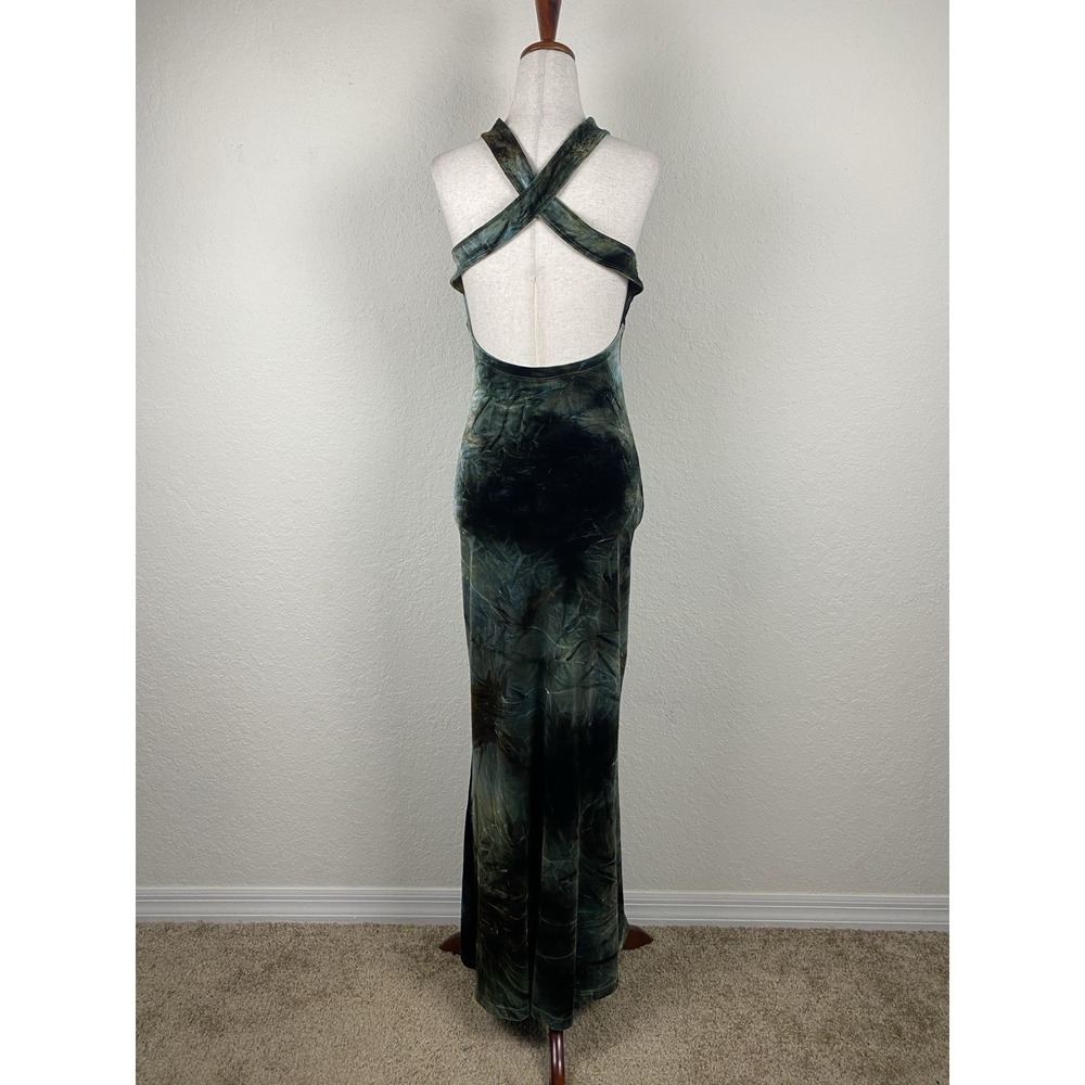 Vtg Y2k Helios 2 Maxi Evening Gown Velvet Green Halter Backless Whimsigoth S 90s - Picture 4 of 8